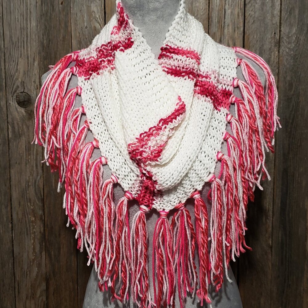 NEW Hand Knitted Pink White Infinity Boho Cowl Scarf Fringe Cottage Whimsy Fairy